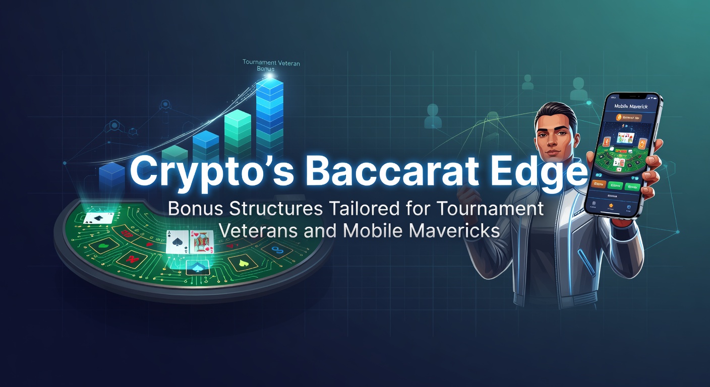 Digital illustration of baccarat cards and cryptocurrency symbols merging on a tournament table with mobile devices in the foreground