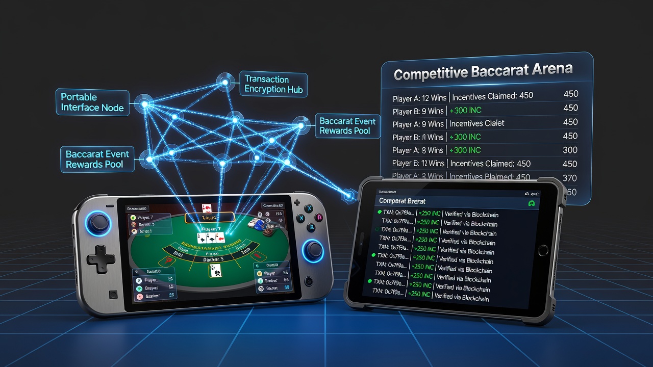 Mobile gaming interface displaying interconnected baccarat tournament rewards and encrypted transaction flows