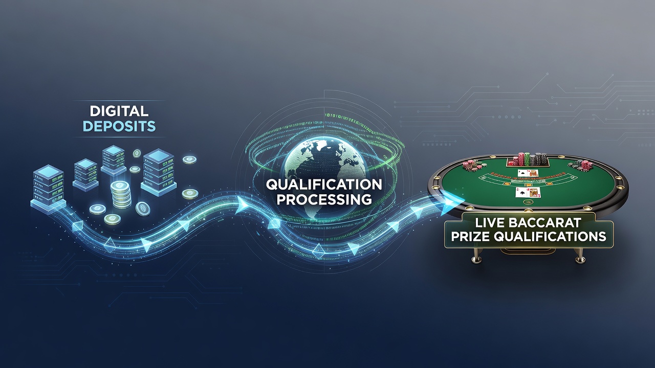 Live baccarat dealer table with digital overlay showing prize qualification progress