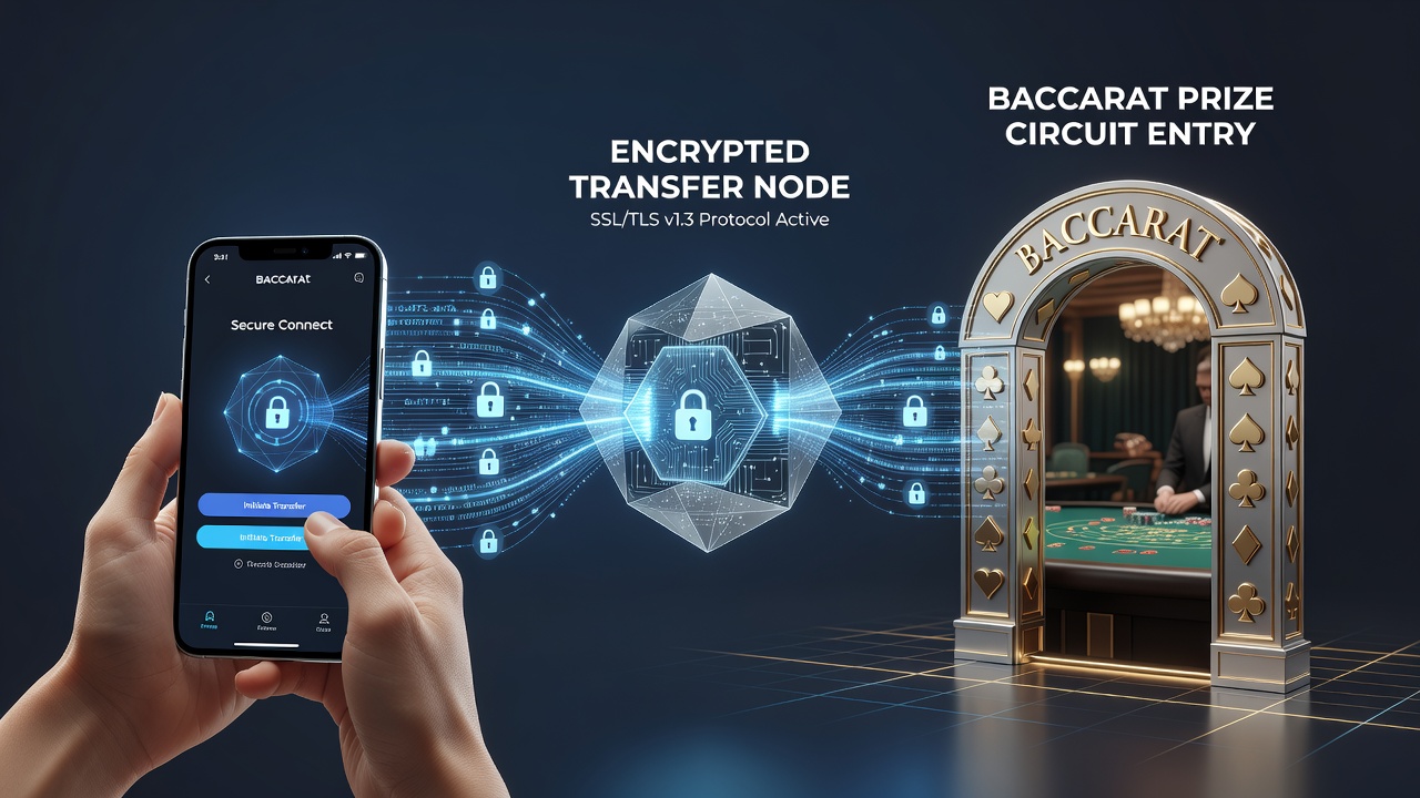 Secure transaction flow diagram overlaid on a baccarat game screen