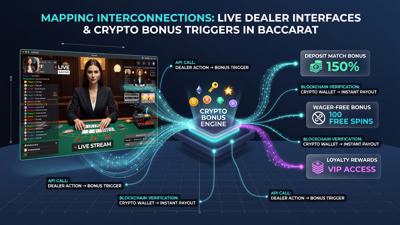 Cryptocurrency transaction logs overlaid on baccarat tournament dashboard illustrating bonus trigger points and live dealer data feeds
