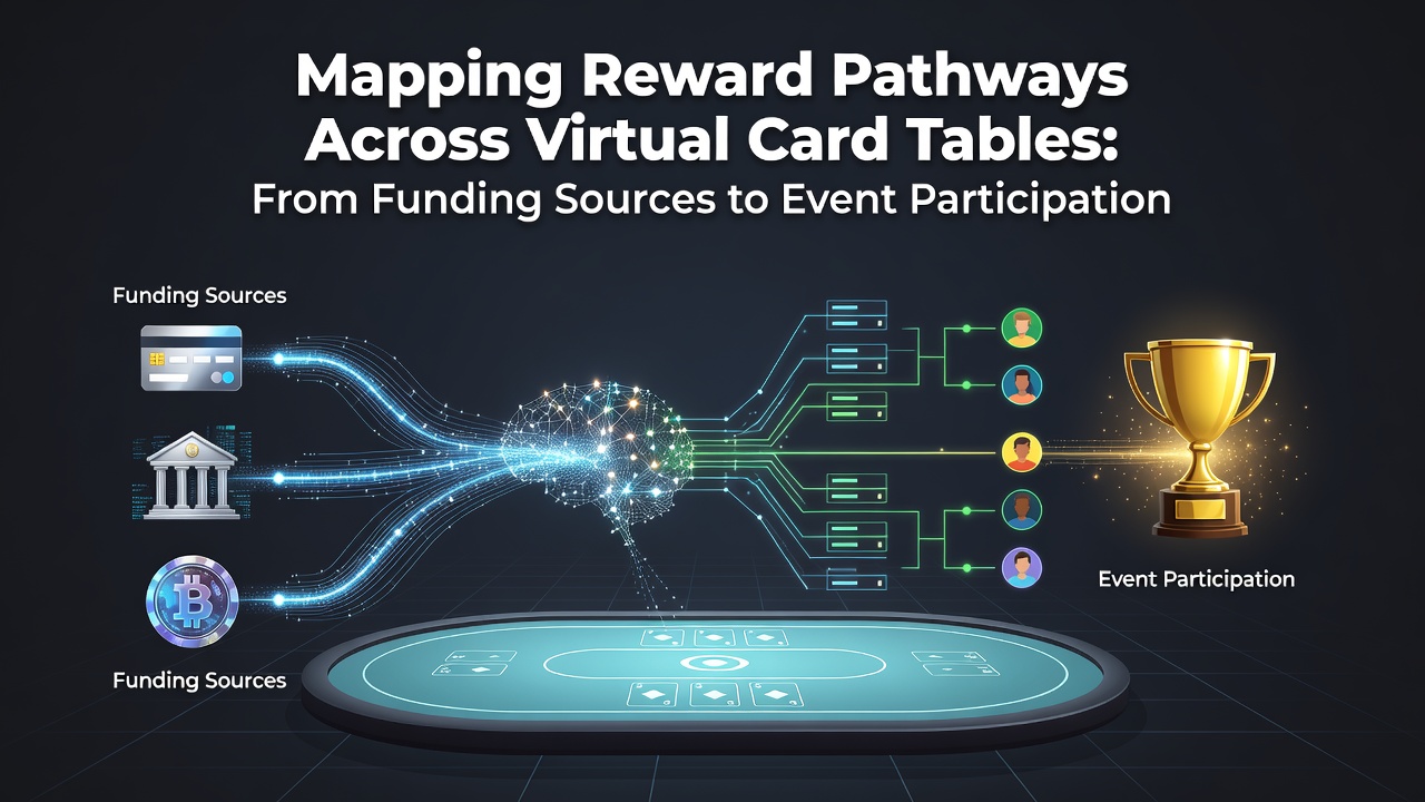 Diagram showing reward pathways from funding sources through virtual card tables to event participation in baccarat platforms