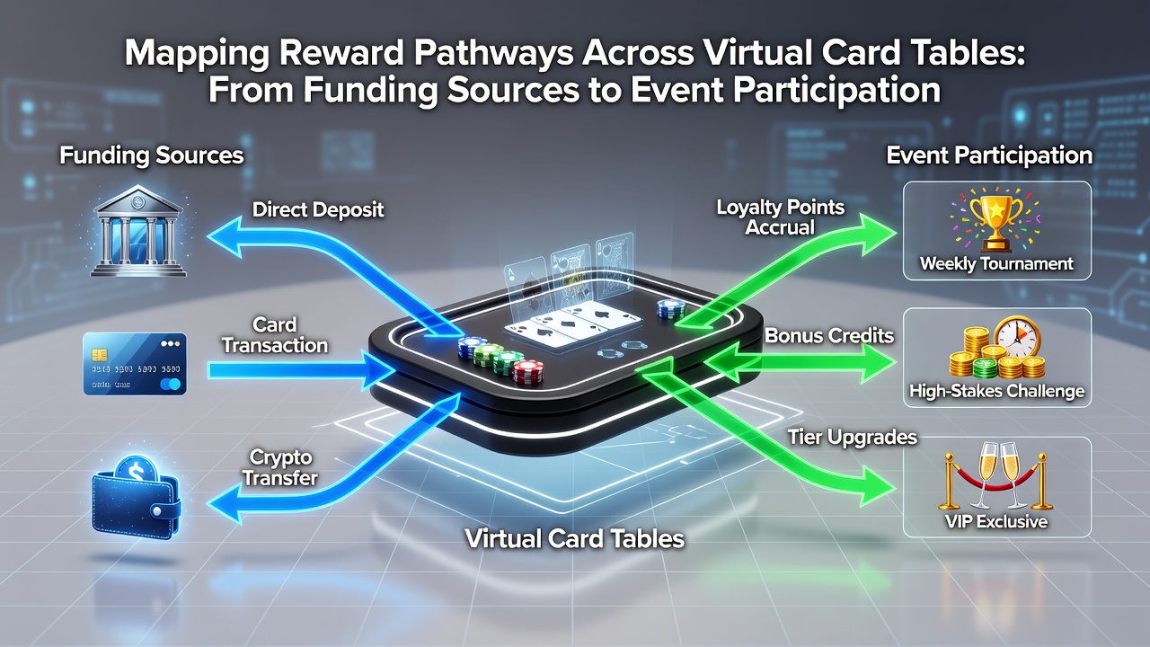 Flowchart illustrating connections between digital funding, reward points, and baccarat tournament brackets