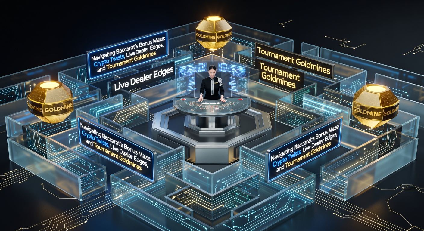 Digital illustration of a baccarat table with glowing crypto coins, live dealer cards, and tournament trophies intertwined in a maze-like pattern