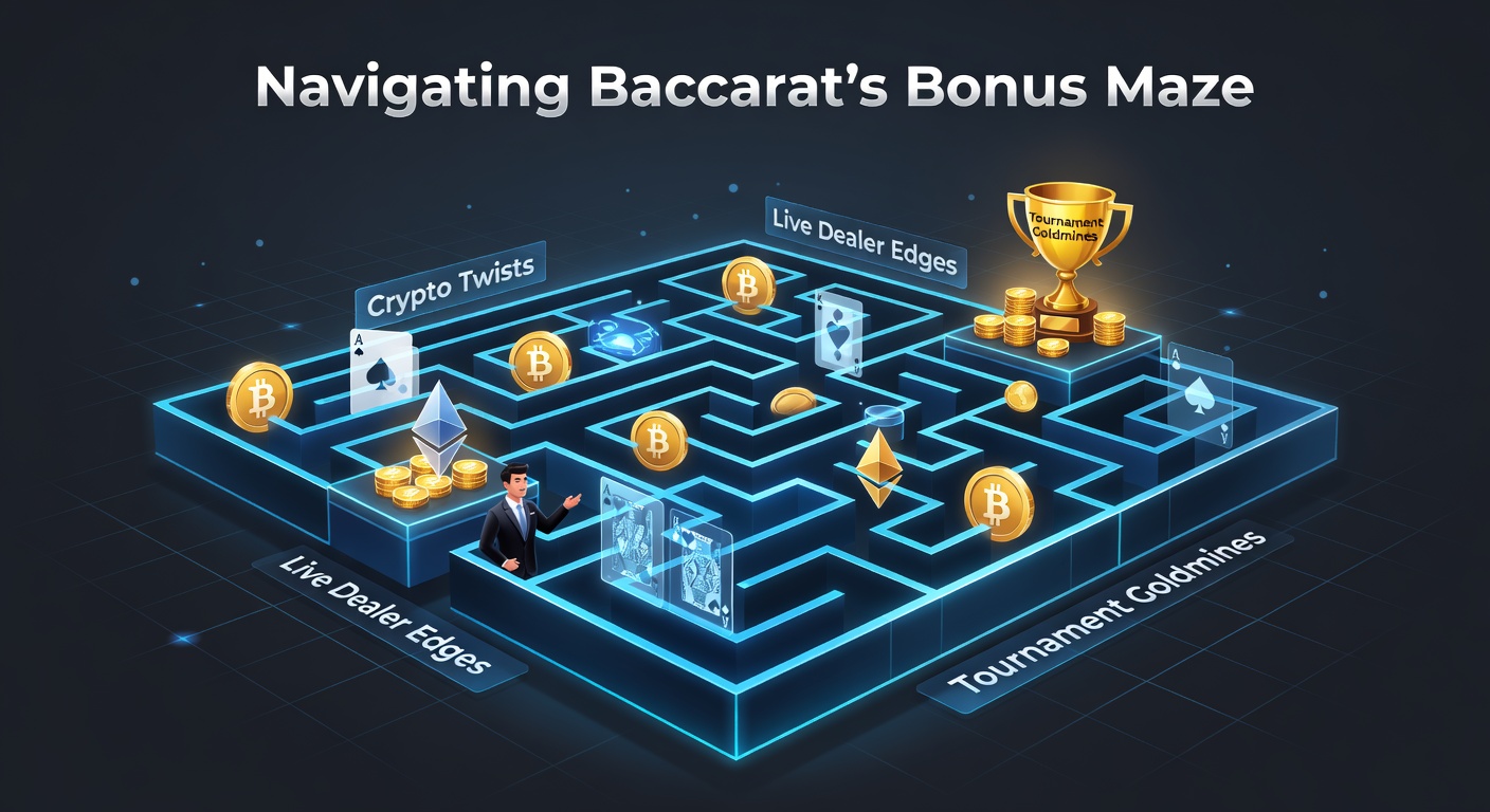 Close-up of a live baccarat dealer shuffling cards under studio lights, with cryptocurrency symbols and tournament leaderboards overlayed
