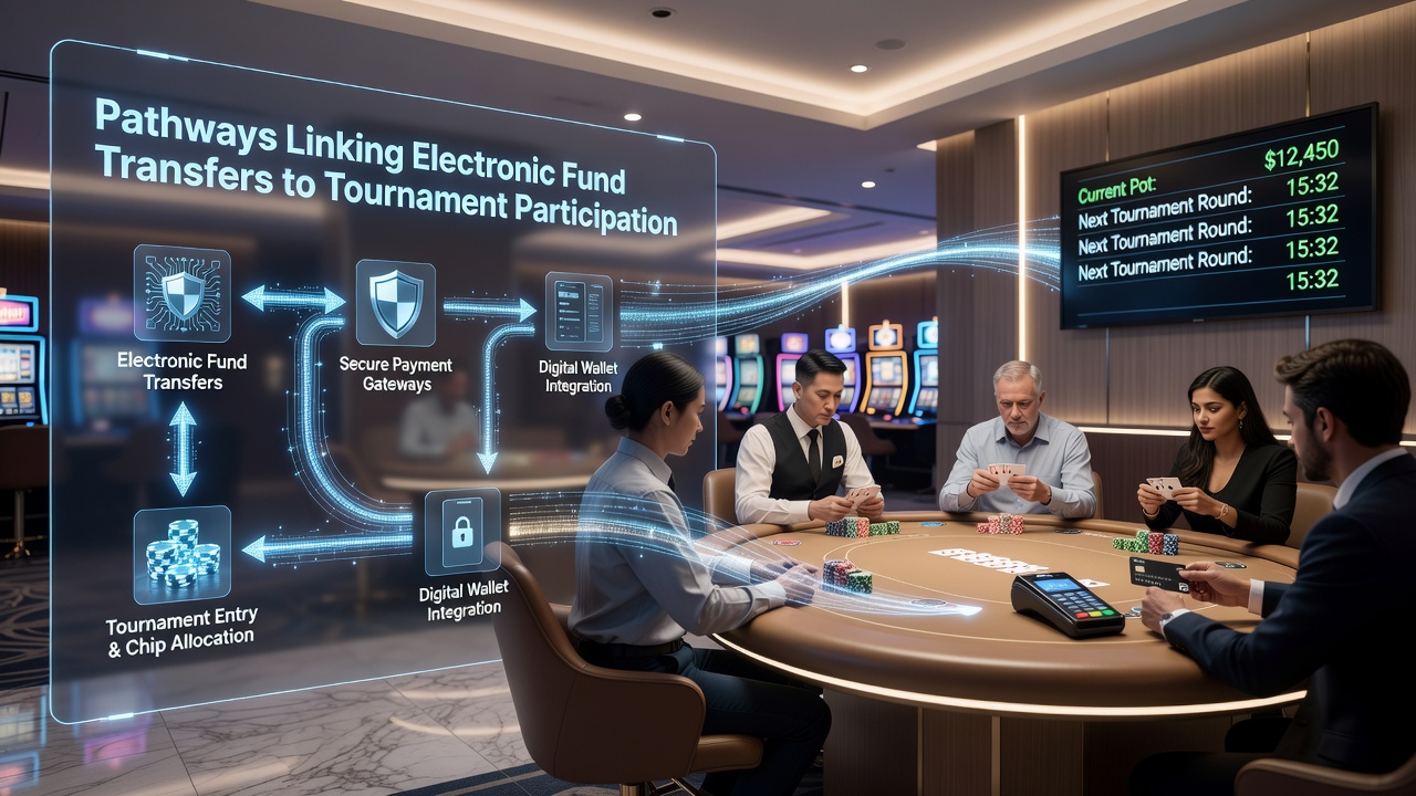 Players reviewing tournament schedules on mobile devices after completing electronic fund transfers at a casino table game area